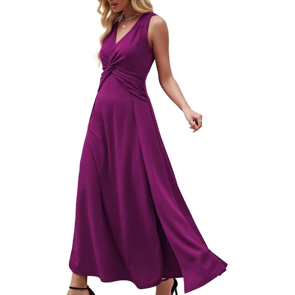 Women Purple Sleeveless V Neck Formal A-line Midi Cocktail Dress With Flutter